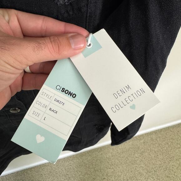 Ci Sono Distressed Long Black Denim Jacket US Women's L New - Picture 6 of 8